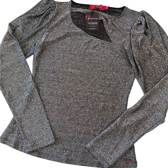 n: Philanthropy Black & Silver Delia Metallic Puffy Long Sleeve Top Size M NWT - Picture 1 of 12